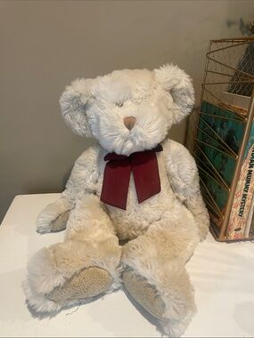 Plush Cream Teddy Bear with Burgundy Bow